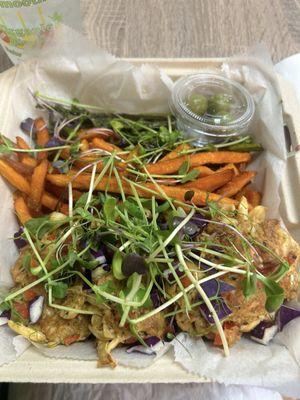 Mushroom "crab" cakes, sweet potato fries, asparagus