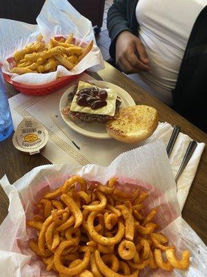 Curly fries, burger