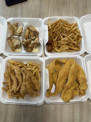 6 fish. Side of fries Chicken tenders with fries Garlic parm Wings