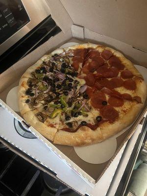 Medium pizza half veggie half pepperoni