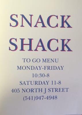 Snack Shack Menu & Hours