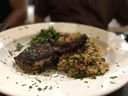 Seared Double-Cut Bone-in Pork Chop with Dirty Rice