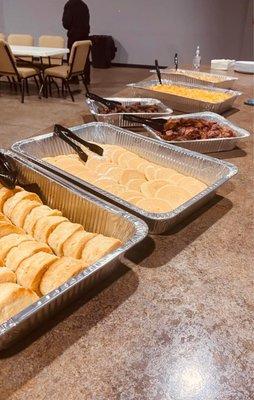 Breakfast Catering: Biscuits, Pancakes, Bacon, Sausage, and Hashtater Casserole