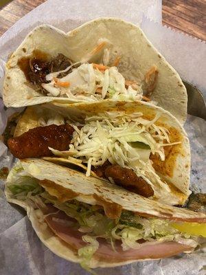 Don Yabo (Italian Sub) Taco, Carolina Pork Taco, Nashville Hot Chicken Taco.