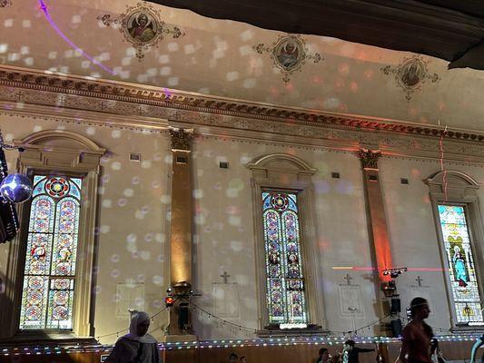 Stained glass windows mixed with disco ball lighting