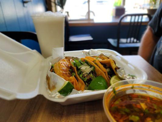 Birria tacos, plus check out that horchata