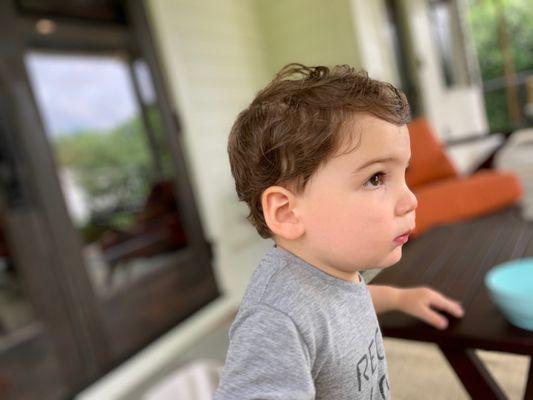 Hard to get a good "after" photo because we love his wavy hair more wild than tamed. Great cut! More visibly sharp when combed.