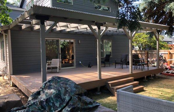 Large new deck and awning in N. Portland.  Azek decking with Suntuf roof panels.