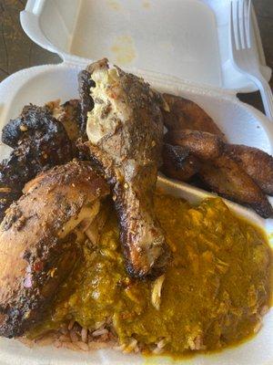 Jerk chicken with Rice and Peas and curry gravy