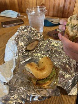 Plain bagel with chicken and avocado