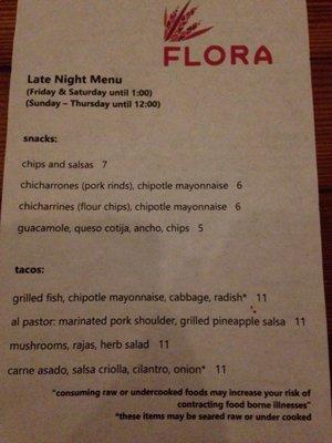 Late night food menu