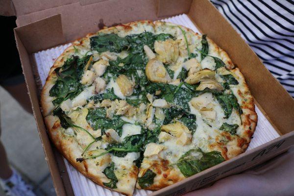 Spinach artichoke ($12.95 small) - spinach artichoke sauce, house cheese blend, marinated artichokes, spinach, garlic olive oil, parmesan