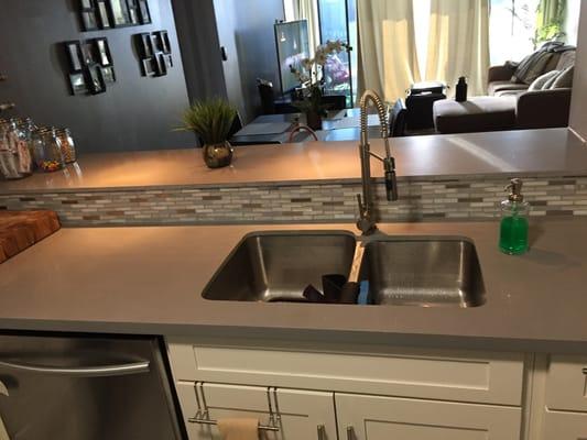 Grey quartz countertop with under-mount sink, which i  also purchased from Cabinet Granite Depot.