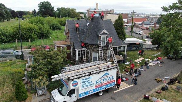 Shingle roof tear off, shot from our aerial drone camera - Royal Renovators Inc.