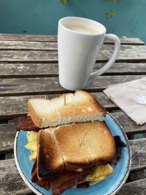 BEC Burrito on gluten free bread and latte