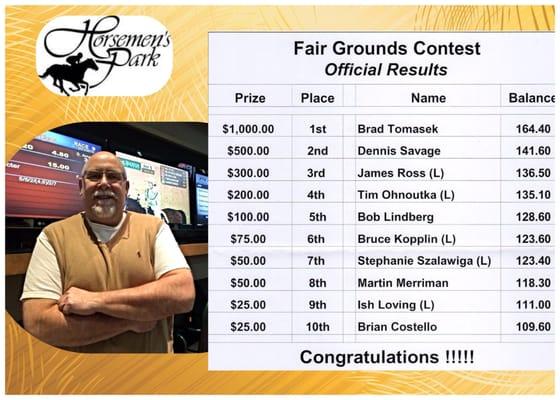 Handicapping contest winner, Brad Tomasek