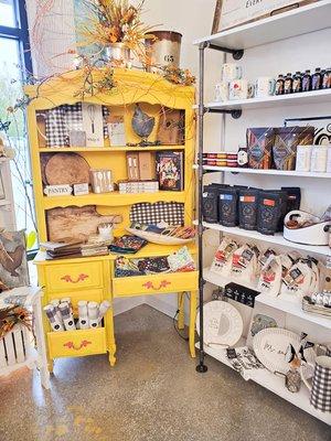 Our pantry section with a variety of bread mix, soup mix, dips, jelies, jams,local honey, nuts, and gourmet chocolates.