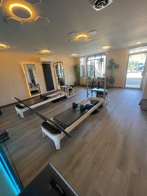 Studio uses Allegro2 Pilates Reformers, Tower, Split Pedal Exo Chairs and MOTR all Balanced Body made.