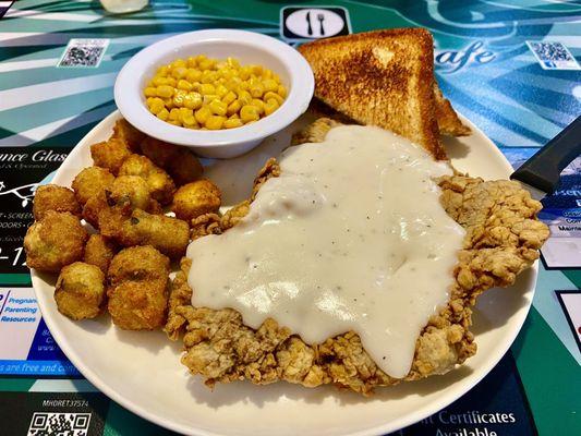 Chicken Fried Steak with Fried Okra, Corn, and Texas Toast.   Perhaps, the best Southern Meal I have ever eaten!