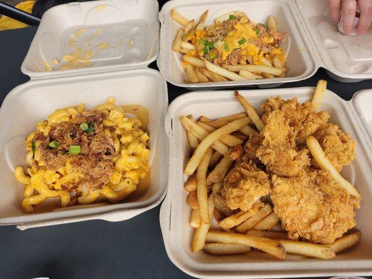 Chicken tenders, huge! And pulled pork mac.