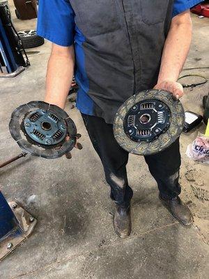 Left; Bad clutch disc.
  Right; New clutch disc.
  
  Clutch failure from missed shift.