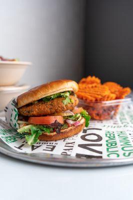 The Earth Burger with Sweet Potato Fries