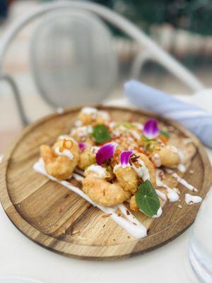 Coconut Shrimp yum!! tempura shrimp, toasted coconut sauce, candied lime, red chili