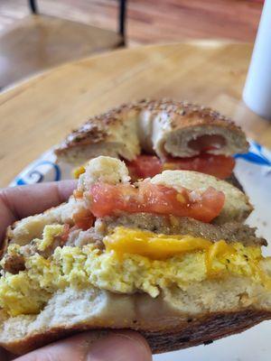 Sausage Egg and cheese on everything bagel