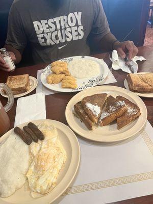 3 Eggs, Side and Breakfast Meat and Toast Fresh Whiting Fish Eggs and Starch and Toast French Toast with Syrup and Butter