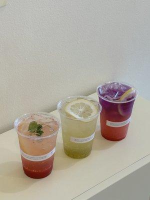 Strawberry mint ade, green grape lime ade, guava sunset ade