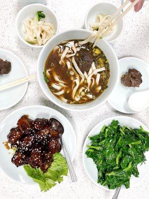 Spare Rib, Sautéed Pea Shoots, and Beef Noodle Soup