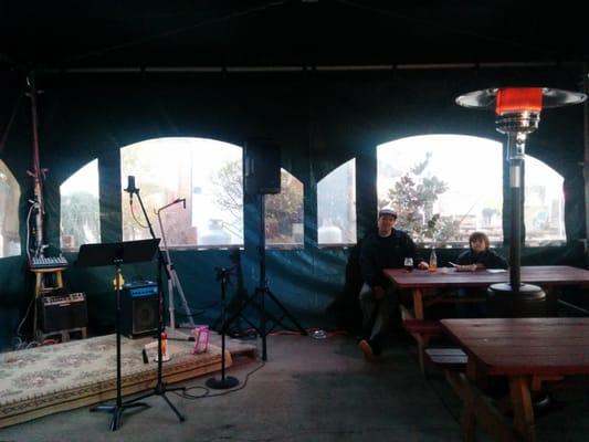 Setting up for some good music tonight. We also have heat lamps and a fire so you can stay toasty while you listen. :)