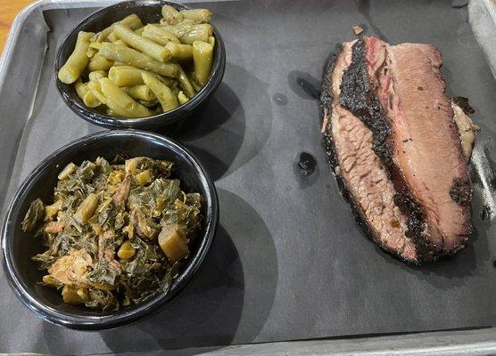 Brisket (1/3 lb), collards, green beans