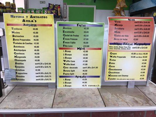 Menu with prices