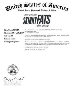 U.S. Trademark Registration for SkinnyFATS logo - obtained by Ryan Gile (Gile Law Group)