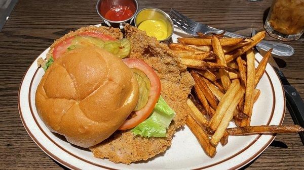 Pork tenderloin sandwich and fresh cut fries