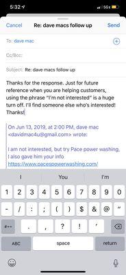 Owners email response to me