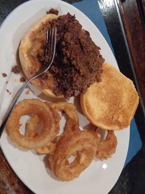 Yummy chili burger with beer batter rings.