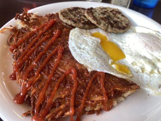 Perfect! 2 eggs over medium, hash browns well done, turkey sausage.