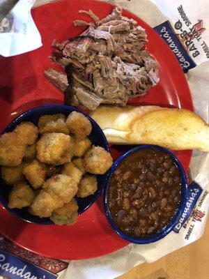 Brisket - Budget Buster, bbq Bar-B-Q Beans, Fried Okra, toast