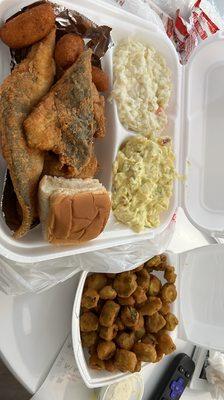 Fish. Chicken. Potato salad. Cole slaw. Fried okra.