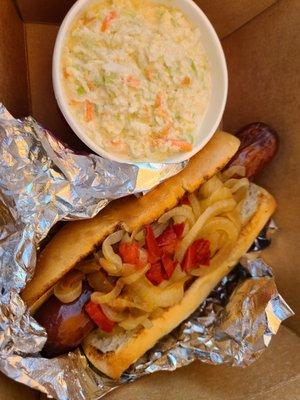 Hot sausage with cheese, onions and peppers and Cole slaw. All good!