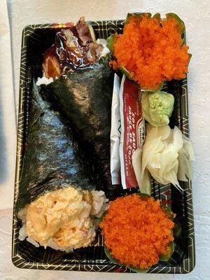 Eel & Cucumber hand roll Spicy Crab hand roll Flying Fish Roe sashimi