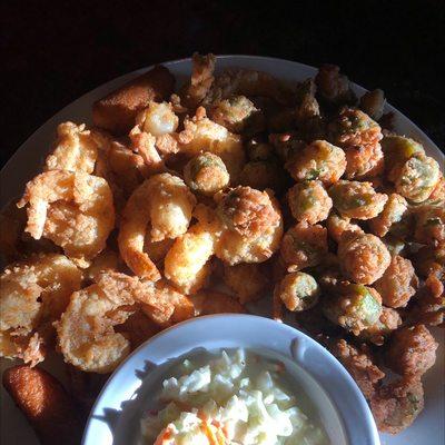 Fried shrimp,  fried okra and coleslaw