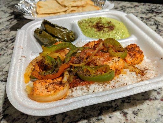 Kabob Platter. Chicken kabob skewer, Greek salad, grape leaves, cilantro hummus, pita. $11.50.