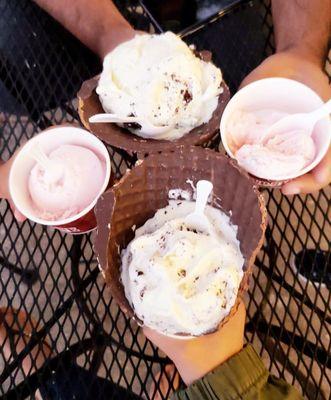 Cake batter with brownie on a chocolate dipped waffle cone, and strawberry for the kiddos