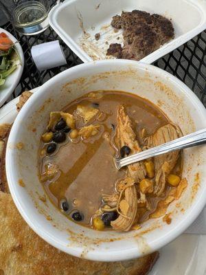 Black bean, corn and shredded chicken soup du jour.