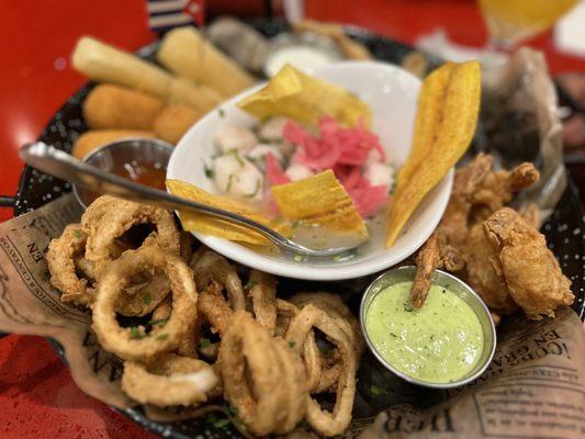 Seafood platter:  fried calamari, shrimp, yucca and white fish ceviche