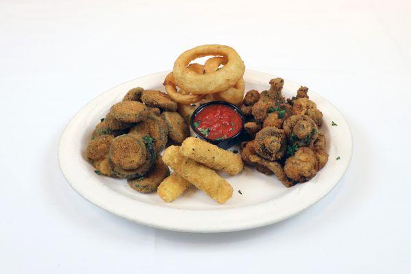 Combo platter, fried zucchini, onion rings, cheese sticks, fried mushrooms