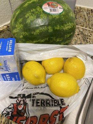 Whole watermelon $6, $1.60 for 4 lemons, $3.99 Sweet Cream Butter